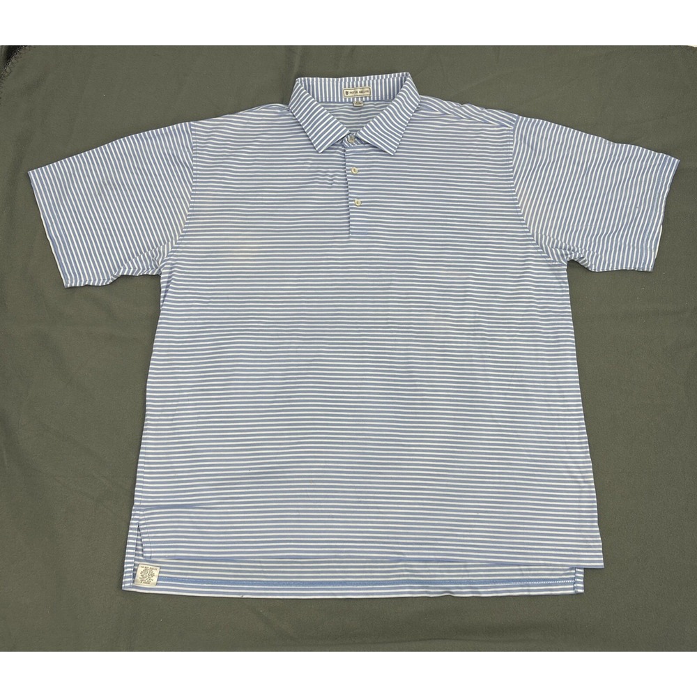 Peter Millar Shirt Men XXL 2XL Blue White Stripes Short Sleeve‎ Polo Golf